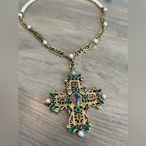 Nicky Butler Bronze Cross Necklace with Amethyst Peridot Chalcedony and Citrine
